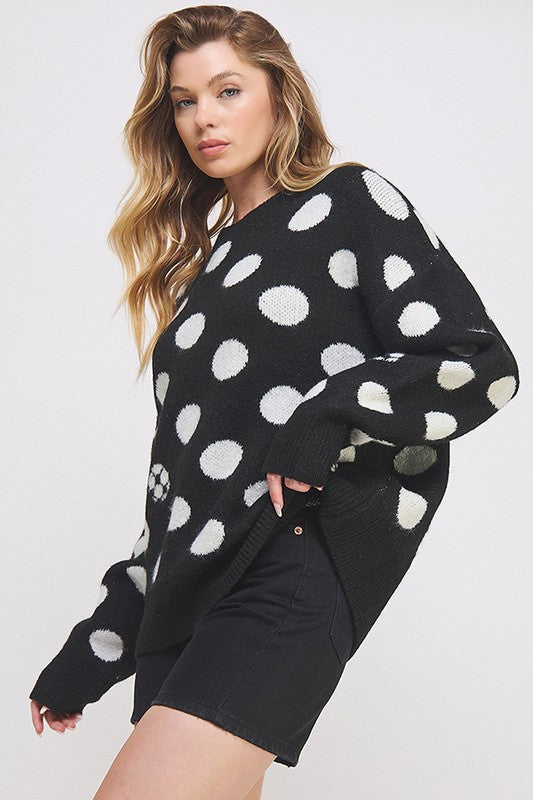 POLKA DOT/SOCCER BALL LONG SLEEVE KNIT SWEATER