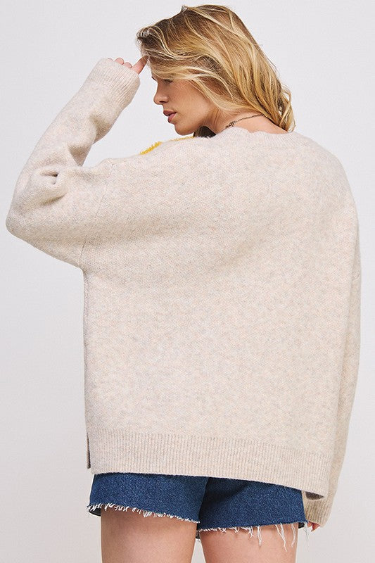 PLUS OVERSIZED LONG SLEEVE FLORAL KNIT SWEATER